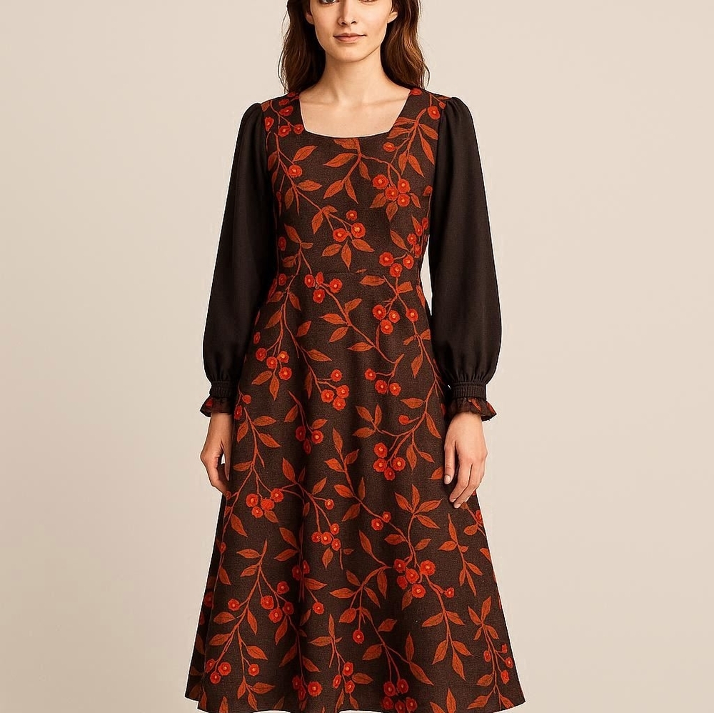 1960's Vintage Floral Red & Brown Long Sleeve Dress Size L Measurements Below